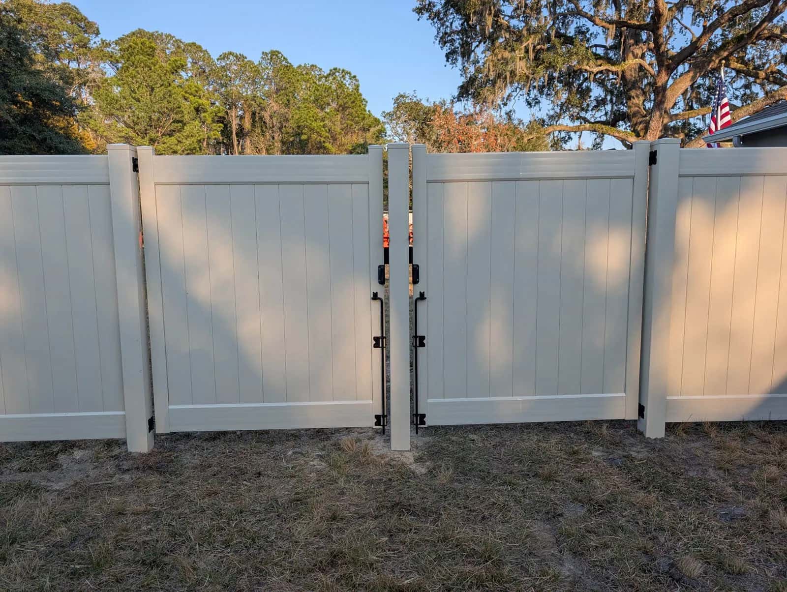 Florida Tan Vinyl Six Foot Double Drive Privacy Gate With Removable Middle Gate Post